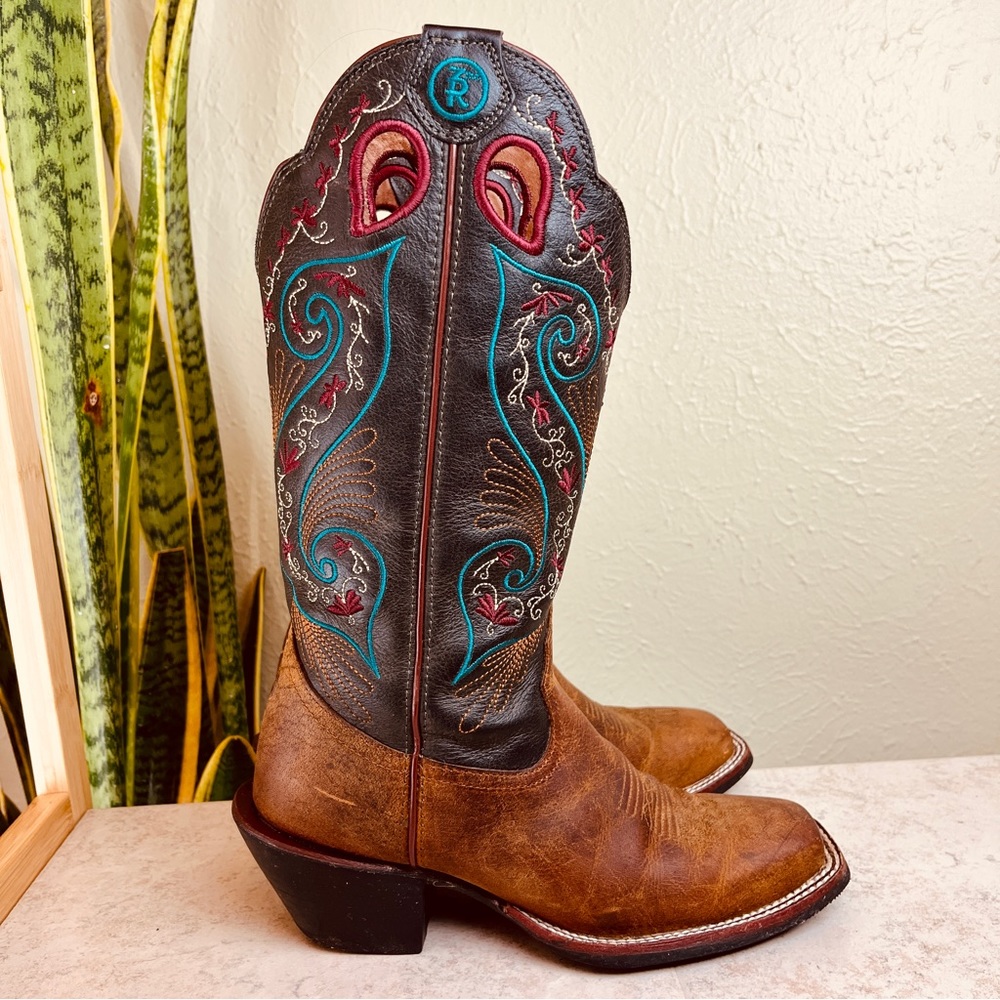 Tony Lama Brown Leather Western Heeled Boots with Turquoise & Red Embroidery - Picture 4 of 15
